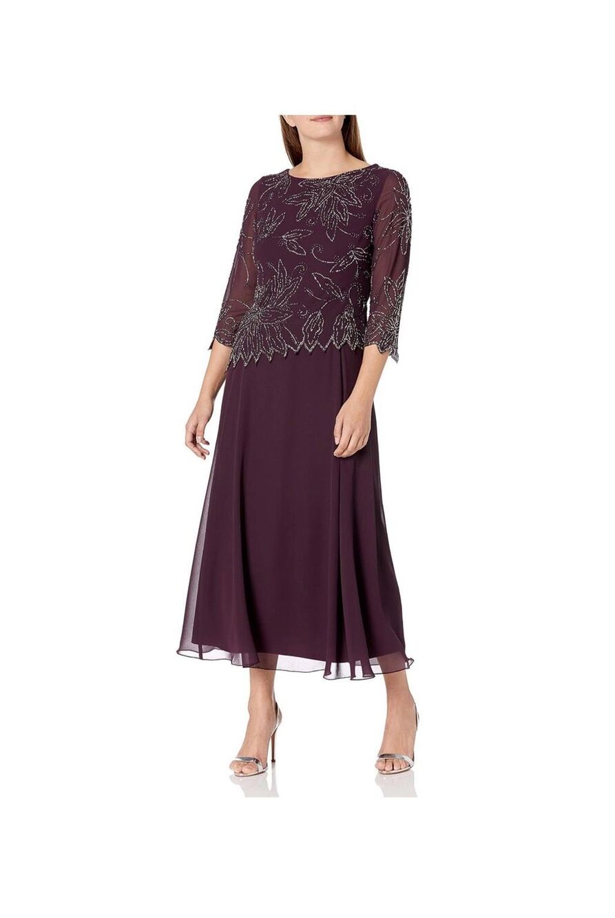 Jkara 3/4 beaded floral popover gown burgundy wine size 12